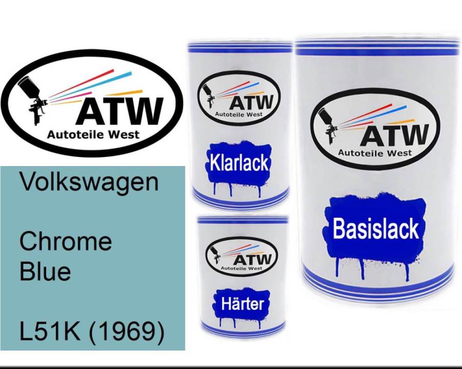 Volkswagen, Chrome Blue, L51K (1969): 500ml Lackdose + 500ml Klarlack + 250ml Härter - Set, von ATW Autoteile West.